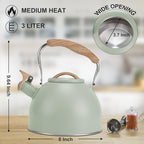 Tea Kettle, Vegoran 100 OZ / 3 Liter Whistling Tea Kettle, Tea Pots for Stove Top Food Grade Stainless Steel with Wood Pattern Folding Handle, Loud Whistle Kettle for Tea, Coffee, Milk (Green) - Image 3