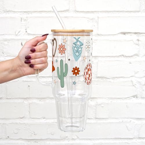 Sip-Sip Hooray! Western Disco Daisy 40oz Glass Tumbler with Lid and Straw, Floral Cowgirl Cup Gift for Women - Image 2