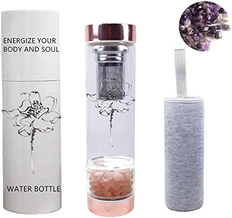 AITELEI Natural Gemstone Quartz Crystal Water Bottle, Crystal Elixir Infused Gem Water Bottle for Healing and Wellness - Double Wall Glass Bottle with Tea Infuser and Tea Strainer 400ML by AITELEI