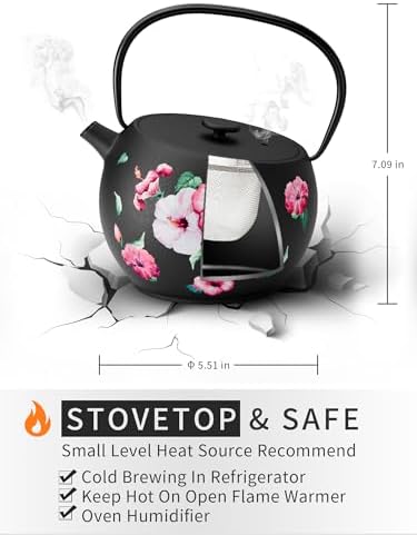 Toptier Teapot with Removable Infuser, Cast Iron Tea Kettle Stovetop Safe, Solid Geometry Ball Design Tea Pot Coated with Enameled Interior for 32 Ounce (950 ml), Morning Glory - Image 3