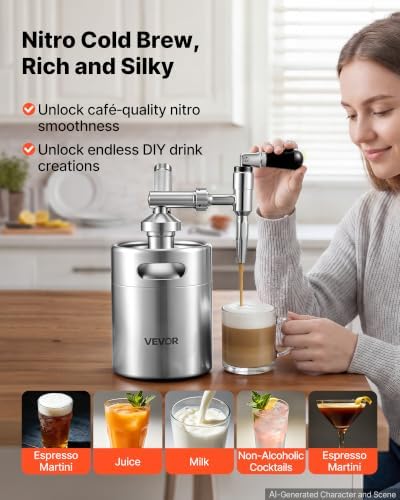 VEVOR Nitro Cold Brew Coffee Maker 68 oz Nitrogen Dispenser System, Home Brew Coffee Keg, Portable Nitrogen Infuser with Dispenser and Pressure Relieving Valve, Gift for Coffee Lovers - Image 2