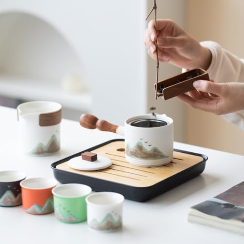 Chinese Tea Set, 7-Piece Ceramic Gongfu Set with Landscape Art, Teapot with Filter, Tea Cups, Serving Tray, Gift Box - Image 4