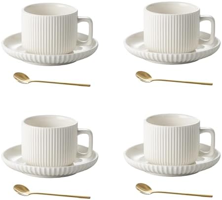 5 Ounce Espresso Cups Set of 4, Small Coffee Cups with Saucers and Spoons, White Cream Ceramic Demitasse Espresso Mugs by AYUCIAPremiumCeramic