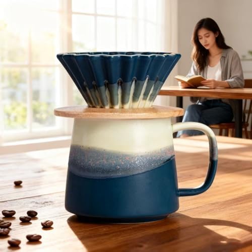 Handmade Gradient White Blue Pour Over Coffee Maker Set Fambe Ceramic Coffee Dripper Brewer Heat Resistant Coffee Pot Decanter ACM08 - Image 2