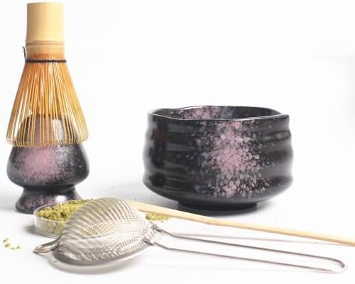 LUNCHS 5-Piece Set Matcha Whisk and Bowl Bamboo Matcha Scoop and Stainless Sifter Matcha Kit Suitable for Living Room and Study Matcha Whisk Set(Black pink star) - Image 2