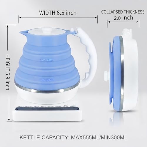 Collapsible Travel Tea Kettle with Temperature Control, Portable Electric Tea Kettle, Collapsible Water Kettle with Detachable Base, BPA-Free Silicone, Keep Warm & Auto Shut-Off, 555ml 110V Blue - Image 6