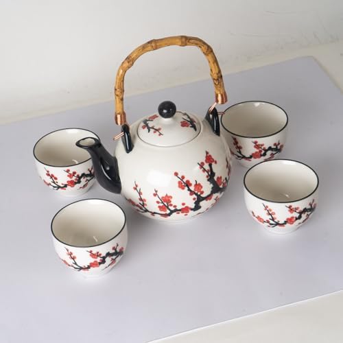 Japanese Cherry Blossom Design Ceramic Tea Set 30 fl oz Teapot and 4 Cups with Stainless Steel Tea Infuser Bamboo Handle - Image 2