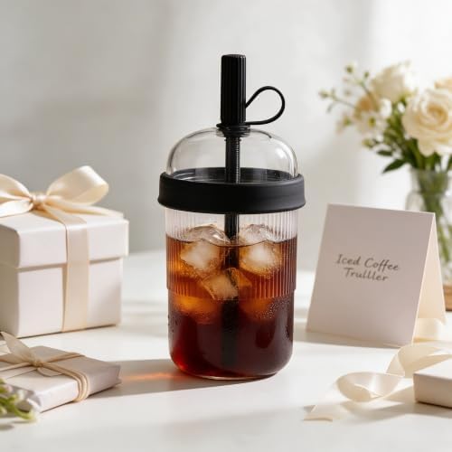 Reusable Clear Tritan Tumbler with Straw & Lid, 18oz Ribbed Portable Travel Cup, Iced Coffee Boba Cup for Office & Car, Multiple Colors (Black) - Image 5