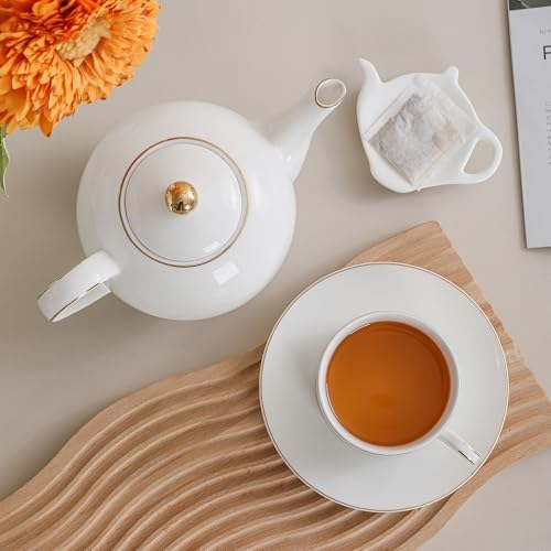 6.6oz White Porcelain Tea Cup and Saucer Set with gold, Set of 8 - Image 7