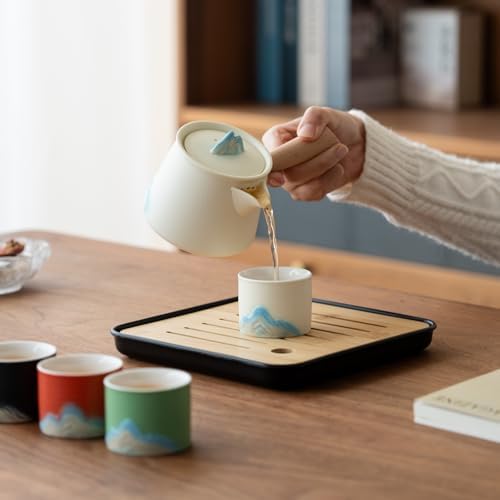 Portable Chinese Tea Set with Carry Bag - White Complete Gongfu Teapot Set Includes Side Handle, 4 Color Cups,Tea Tray & Strainer, Artistic Travel Teapot Kit for Camping, Office, Home & Gifts - Image 7