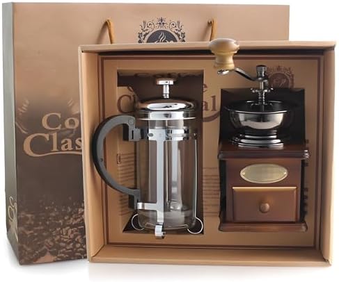French Press Coffee Grinder Set, Metal and Wood Design, Burr Grinder and French Press for Smooth Coffee, Ergonomic Wooden Handles, Insulated Glass, Home and Camping Use, Coffee Table Decor, 7.9 x 5.1 - Image 3