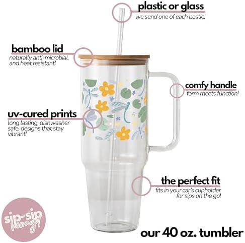Sip-Sip Hooray! Dragonfly Garden 40oz Glass Tumbler with Lid and Straw - Image 4