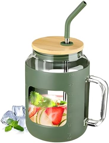 50Oz Glass Mug with Handle and Straw, Silicone Sleeve, Reusable Water Bottle for Beer, Tea, Coffee, Juice, Sustainable Drinking Cup with Lid (Green) by Obetuens