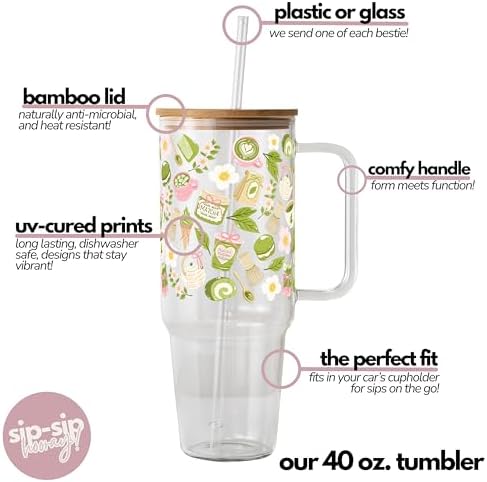 Sip-Sip Hooray! Matcha Moments 40oz Glass Tumbler with Lid and Straw - Image 4