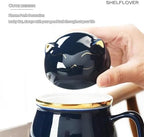 SHELFLOVER Beautiful Tea Mug Portable Set, White Porcelain Easy to Clean Keep Tea Hot Long, Easy Carried Travel/Office/Home Drink, Cute Cat, Dark Blue, 10oz - Image 4