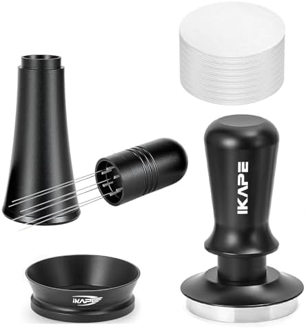 IKAPE 51mm Espresso Tamper Kit 4 in 1 Black, Complete Portafilter accessory set, Coffee Tamper, WDT Tool, Paper Filters (200pc), Dosing Funnel for 51 mm Portafilters by IKAPE