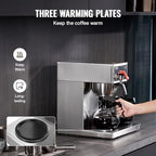 VEVOR 12 Cups Commercial Drip Coffee Maker, Coffee Maker Machine with 3 Glass Carafes and 3 Warmer Plates, Stainless Steel Pour Over Coffee Brewer with Auto Water Intake, for Restaurant Office Cafe - Image 3
