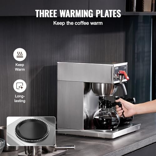 VEVOR 12 Cups Commercial Drip Coffee Maker, Coffee Maker Machine with 3 Glass Carafes and 3 Warmer Plates, Stainless Steel Pour Over Coffee Brewer with Auto Water Intake, for Restaurant Office Cafe - Image 3