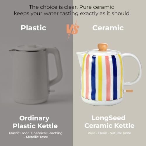 Hand-Painted Vertical Striped Ceramic Electric Kettle 1.0L - 1000W Fast Boil with Wooden Lid, Auto Shut-Off & Boil-Dry Protection for Coffee and Tea - Image 4