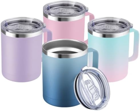 MEWAY 12oz Coffee Mug With Handle 2 Pack Bulk,Stainless Steel Insulated Travel Tumblers With Sliding Lid,Double Wall Vacuum Camping Cup for Hot & Cold Drinks Tea (Bubble Gum&Blue Waves,Set of 4) by MEWAY