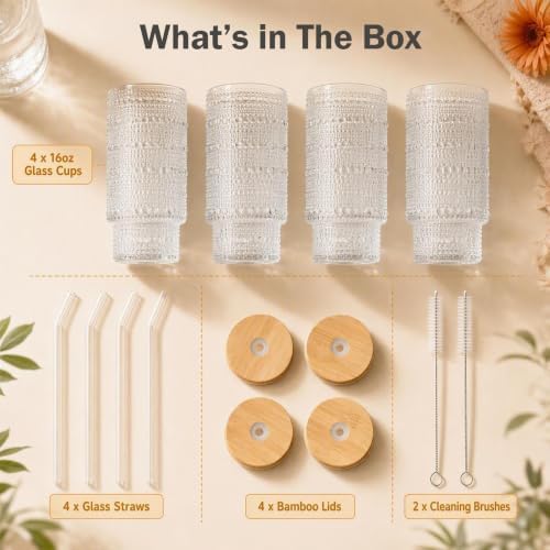 Glass Cups with Lids and Straws 16 oz Hobnail Drinking Glasses - Image 7