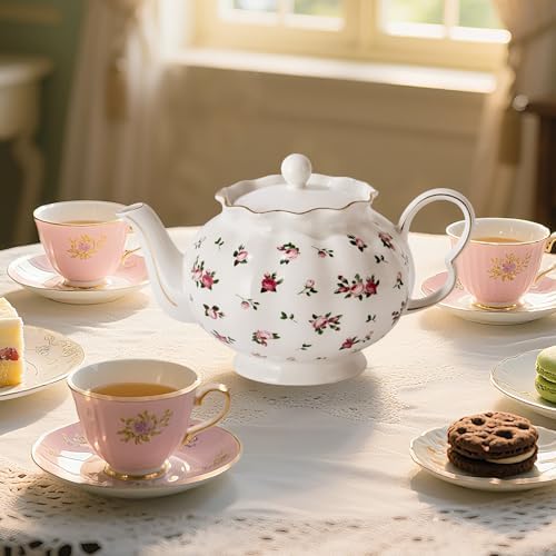 Floral Teapot with Infuser, 33oz, Ceramic Tea Pot with Tea Strainers for Loose Leaf Tea, Rose Teapots for Tea Party, New Bone Porcelain Teapot - Image 6