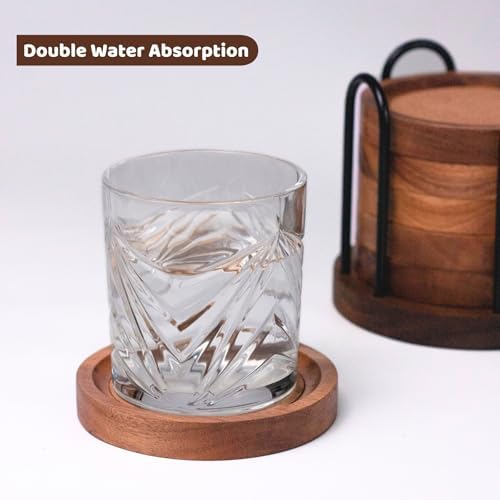Wood Coasters for Drinks with Metal Holder, Wooden Coaster with Cork for Tabletop Protection, Drink Coasters for Coffee Table, Desk, 4.33 Inch, Set of 6 (Medium Size) - Image 3