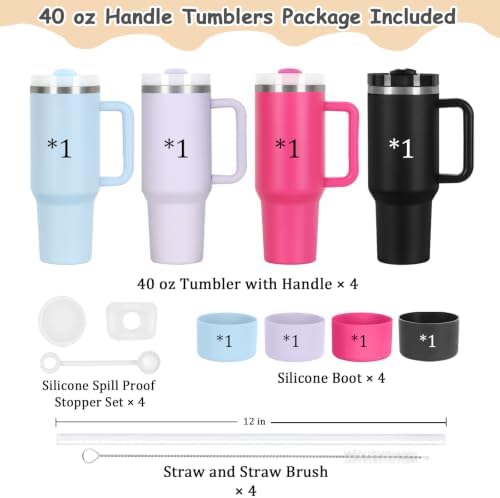 4 Pack 40 Oz Tumblers with Handle Bulk, Double Wall Vacuum Insulated Stainless Steel Tumblers with Lid and Straw, 40 oz Cups with Silicone Spill Proof Stopper Set (Black,Sky Blue,Purple,Hot Pink) - Image 5