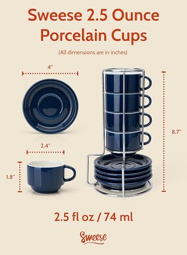 Sweese 2.5 Ounce Porcelain Stackable Espresso Cups with Saucers and Metal Stand Set of 4, Navy - Image 2