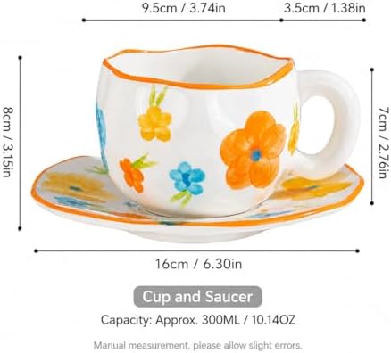 10oz Hand-Painted Ceramic Cup and Saucer Set, Cute Floral Print Coffee Mug with Handle, Porcelain Tea Cup for Office, Home, Kitchen, for Coffee Lovers - Image 2