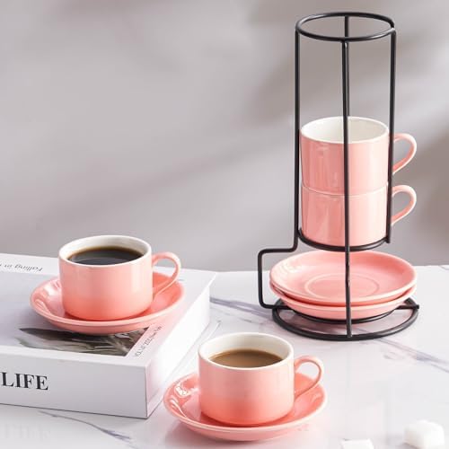 4 OZ Porcelain Stackable Espresso Cups and Metal Stand Set of 4 - Image 3