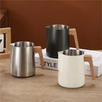 Milk Frother Cup Stainless Steel 350ml/600ml Stainless Steel Coffee Milk Foam Cup Latte Art Frothing Pitcher with Wooden Handle Internal Scale(Black-600ml) - Image 3