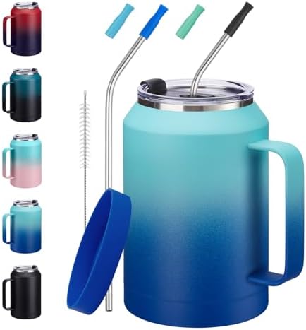 32/50 oz Travel Coffee Mug Tumbler - w/Handle and Straw, 32oz Stainless Steel Mugs with Lid, Insulated Tumblers Cup Keep Cold-36H Hot-24H, Reusable Home Office Work Wide Mouth Water Bottle by VICKNIY