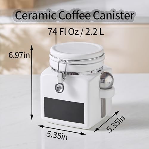 Ceramic Coffee Canister with Airtight Lid and Scoop, Large 74 Fl Oz / 2.2 L Kitchen Food Storage Container Jar for Grounds Coffee, Beans, Tea, Sugar, Flour, Cereal, Nuts, Cookie, White - Image 2