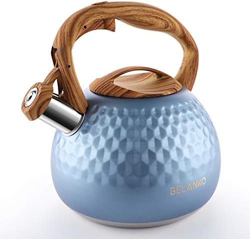 BELANKO 2.7 Quart Tea Kettle for Stovetop - Food Grade Stainless Steel with Diamond Texture, Designer Teapot Look, Cool-Touch Wood Pattern Handle, Whistling Spout - Glacier Blue by BELANKO