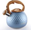 BELANKO 2.7 Quart Tea Kettle for Stovetop - Food Grade Stainless Steel with Diamond Texture, Designer Teapot Look, Cool-Touch Wood Pattern Handle, Whistling Spout - Glacier Blue by BELANKO