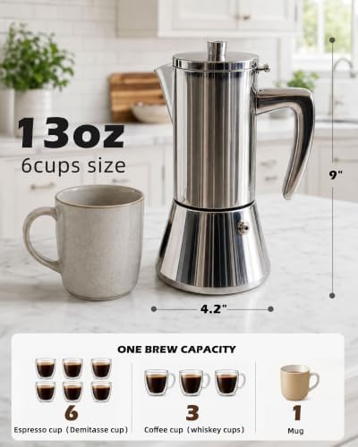 Stainless Steel Moka Pot 6 Cup 13 oz, All-Metal Stovetop Espresso Maker, Plastic-Free Non-Toxic, for Induction Gas Electric Ceramic Halogen, Portable Camping Travel - Image 2
