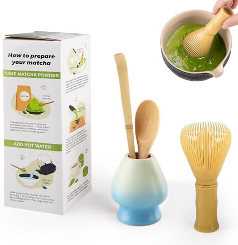 4 Piece Matcha Japanese Ceremony Set, Resin Matcha Whisk, Bamboo Spoon, Bamboo Scoop, Whisk Stand, Perfect Set for Preparing, Yellow - Gradient Blue by Unknown