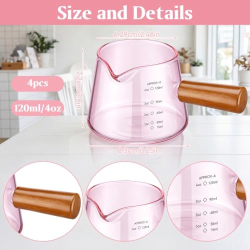 Willinglong 4 Pack Pink Glass Espresso Measuring Milk Cups 4 oz Glass Single Spouts Cup with Glasses Handle V-shaped Spout Espresso Shot Cup for Machine Demitasse Cups, Dishwasher Safe - Image 4