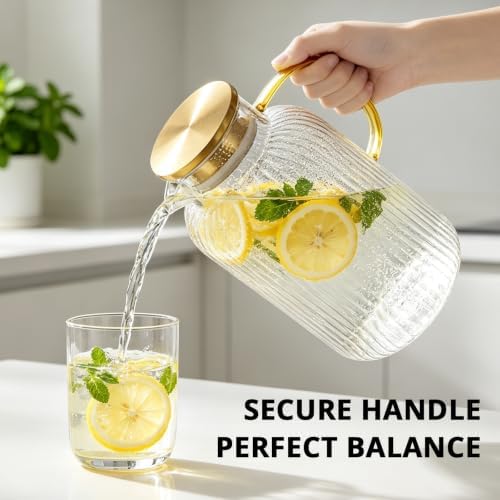 Bivvclaz 3 Liter 101 oz Stripes Gold Glass Pitcher with Lid and Handle - Image 5
