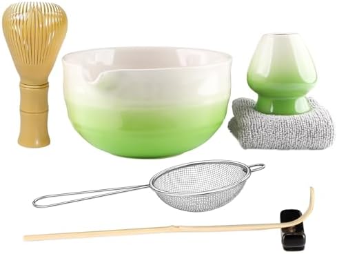 7Pcs Matcha Set, Matcha Whisk Set - Whisk Plastic Whisk, Whisk Holder, Matcha Bowl with Pouring Spout, Scoop, Sifter, Absorbent Cloth - Japanese Tea Ceremony Set for Home Use or Gift, Gradient Green by Unknown
