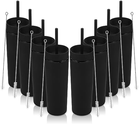 Volhoply 16oz Plastic Skinny Tumbler with Lid and Straw Bulk 8 Pack,Insulated Double Wall BPA Free Matte Acrylic Tumblers,Iced Coffee Travel Mug Reusable Party Cup,Customizable Diy Gifts(Black,8 Set) by LiveFully%EF%BC%8CDrinkFreely%E2%80%94KeepGoingwithVolhoply%EF%BC%81