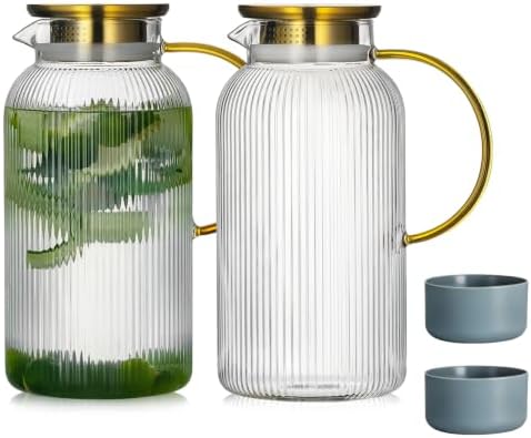 Buaic 2 PACK Glass Pitcher with Lid, 68 oz Glass Carafe with Silicone Base by Buaic