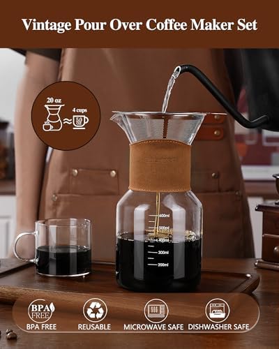 Pour Over Coffee Maker with Double-Layer Stainless Steel Filter, 20 oz Pour Over Coffee Dripper Espresso Cups Set of 4, 5 oz Small Espresso Shot Glasses with Handle - Image 6