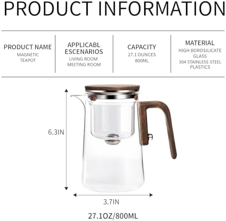 Magnetic Filter Teapot, 800ml with Tea Tongs and Brush, Enchanti Removable Tea Infuser Glass Teapot Pure Solid Wood Handle - Image 6