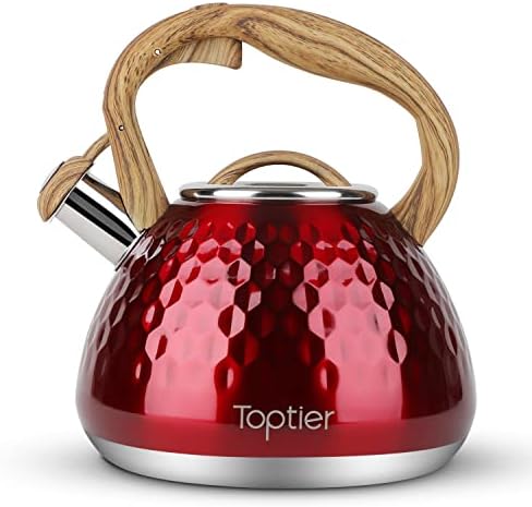 Tea Kettle, Toptier Teapot Whistling Kettle with Wood Pattern Handle Loud Whistle, Food Grade Stainless Steel Tea Pot for Stovetops Induction Diamond Design Water Kettle, 2.7-Quart Red by toptier