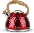 Tea Kettle, Toptier Teapot Whistling Kettle with Wood Pattern Handle Loud Whistle, Food Grade Stainless Steel Tea Pot for Stovetops Induction Diamond Design Water Kettle, 2.7-Quart Red by toptier