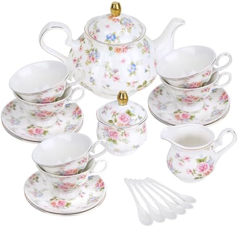 fanquare 21 Piece Vintage Pink Blue Floral Porcelain Tea Set with Gold Trim by fanquare