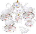 fanquare 21 Piece Vintage Pink Blue Floral Porcelain Tea Set with Gold Trim by fanquare