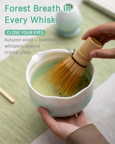 Natural Crystal Flower Matcha Set - 4 Pcs Food Grade Matcha Kit with Spouted Bowl, Matcha Whisk, Scoop and Chasen Holder - Matcha Tea Ceremony Gift for Matcha Lovers (Pine Shadow) - Image 4